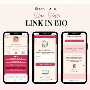 Könnte beinhalten: Drei Smartphones, die eine Website mit einem rosa und weißen Design anzeigen. Das Banner oben lautet "SYSTEME.IO Stan Style LINK IN BIO". Die Telefonbildschirme zeigen ein Profil, ein Formular für ein kostenloses E-Book und Kundenreferenzen.