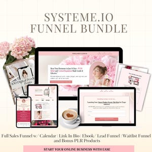 Puede incluir: Un paquete de marketing digital con una computadora portátil, una tableta y un teléfono que muestran maquetas de sitios web. La imagen incluye una taza de café con un diseño de corazón, flores rosas y el texto "SYSTEME.IO FUNNEL BUNDLE". El paquete incluye embudos de ventas, libros electrónicos y productos adicionales.