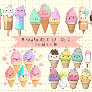 Kawaii Ice Cream Set Clipart PNG, 8 Set di Ice Cream Sticker Download istantaneo Uso commerciale, Stampa su richiesta, Cute Kawaii Food Png Foodie