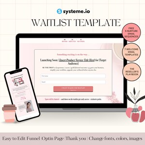 May include: A digital marketing graphic with the text "WAITLIST TEMPLATE" on a light pink background. The image includes a laptop and a smartphone displaying a waitlist form, along with icons for email sequences, templates, and a reseller playbook.