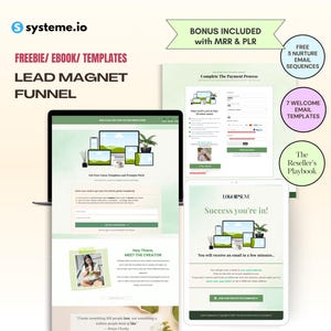 May include: A digital marketing graphic with the text "FREEBIE/ EBOOK/ TEMPLATES LEAD MAGNET FUNNEL". The image includes a laptop, tablet, and phone screens displaying website mockups, along with bonus offers for email templates.