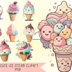 Kawaii Ice Cream Clipart PNG Graphics, Ice Cream Sticker Download istantaneo Uso commerciale gratuito, Stampa su richiesta, Cute Kawaii Clip Art Sticker