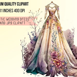 Puede incluir: Una ilustración de acuarela de un vestido de novia con detalles florales. El vestido es de color marfil con detalles dorados y tiene una cola larga. El vestido está colgado en una percha y está rodeado de flores y vegetación de acuarela.