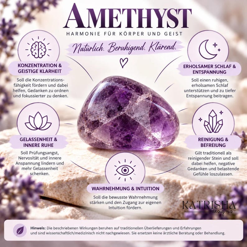 Może przedstawiać: Wypolerowany fioletowy ametyst umieszczony w centrum infografiki zatytułowanej AMETHYST HARMONIE F&Uuml;R K&Ouml;RPER UND GEIST. Grafika zawiera pięć okrągłych ikon z tekstem opisującym korzyści, takie jak koncentracja, sen i intuicja.