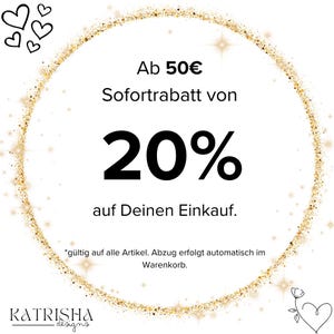 Może przedstawiać: Okrągła grafika ze złotą brokatową obw&oacute;dką zawierająca tekst Ab 50&euro; Sofortrabatt von 20% auf Deinen Einkauf. Projekt zawiera małe czarne kontury serc w lewym g&oacute;rnym rogu oraz ikonę kwiatowego serca w prawym dolnym rogu.
