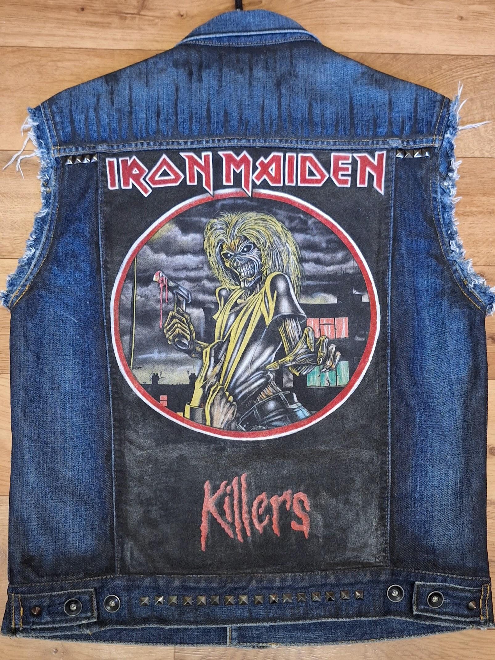 Hand-painted Iron Maiden Denim Battle Jacket: Leather Patches