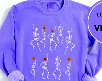 Comfort Colors Dancing Skeleton Halloween Sweatshirt, Halloween Party Sweatshirt, Pumpkin Halloween Crewneck Sweatshirt, Gift For Halloween