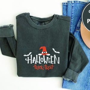 Comfort Colors Trick or Treat Halloween Sweatshirt, Halloween Witch Sweatshirt, Pumpkin Halloween Crewneck Sweatshirt, Gift For Halloween