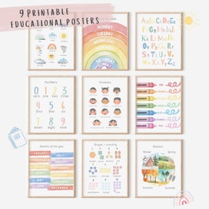 Conjunto de 9 carteles educativos, 9 impresiones para la educación en el hogar, Montessori, decoración del aula, decoración de arcoíris, niños, decoración de la sala de juegos de los niños pequeños, DESCARGA DIGITAL