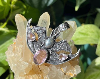 Silver-Plated Pink Cubic Zirconia Bat Pendant
