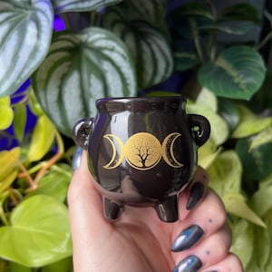 May include: A small black cauldron with gold accents. The cauldron has three moons and a tree of life design.