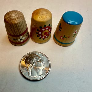 Lot of 3 Floral Painted Wooden Thimbles - Vintage