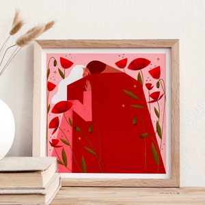 FineArt kunstdruk 21 x 21 cm, "Soulmate", illustratie van een koppel, bloemenkunst, mooie wanddecoratie, klaprozen, Valentijnsdagcadeau, liefdesdruk