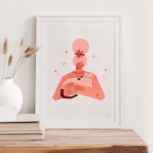 Lámina FineArt A4 “Niña con gato”, lámina, ilustración, arte, decoración habitación niña, decoración pared habitación infantil, póster niña, regalo
