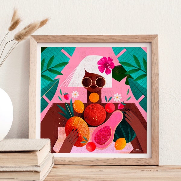 FineArt Kunstdruck 21 x 21 cm „Eat your Fruits“, farbenfroher Print, vegan Poster, Wanddeko Kunst, Geschenk für Sie, Bunte Kunst, exotisch