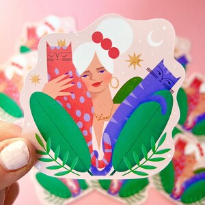 Adesivo per diario "Cat Lady", gatto femmina, Plant Mum, adesivo per laptop/diario con piante e gatti, adesivo per pianificatore, adesivo carino per ragazza carina
