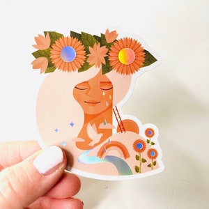 Holograma diario pegatina flor chica, "corona de flores", diario de pegatinas boho, pegatina de brillo, portátil de adorno impermeable, diario