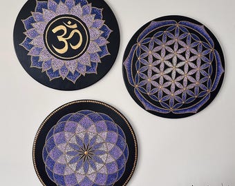 Conjunto de arte mural de geometría sagrada, decoración de pared de mandala de 3 piezas, Flor de la Vida, Símbolo Om, Mandala toroidal, Regalo de decoración para meditación y yoga
