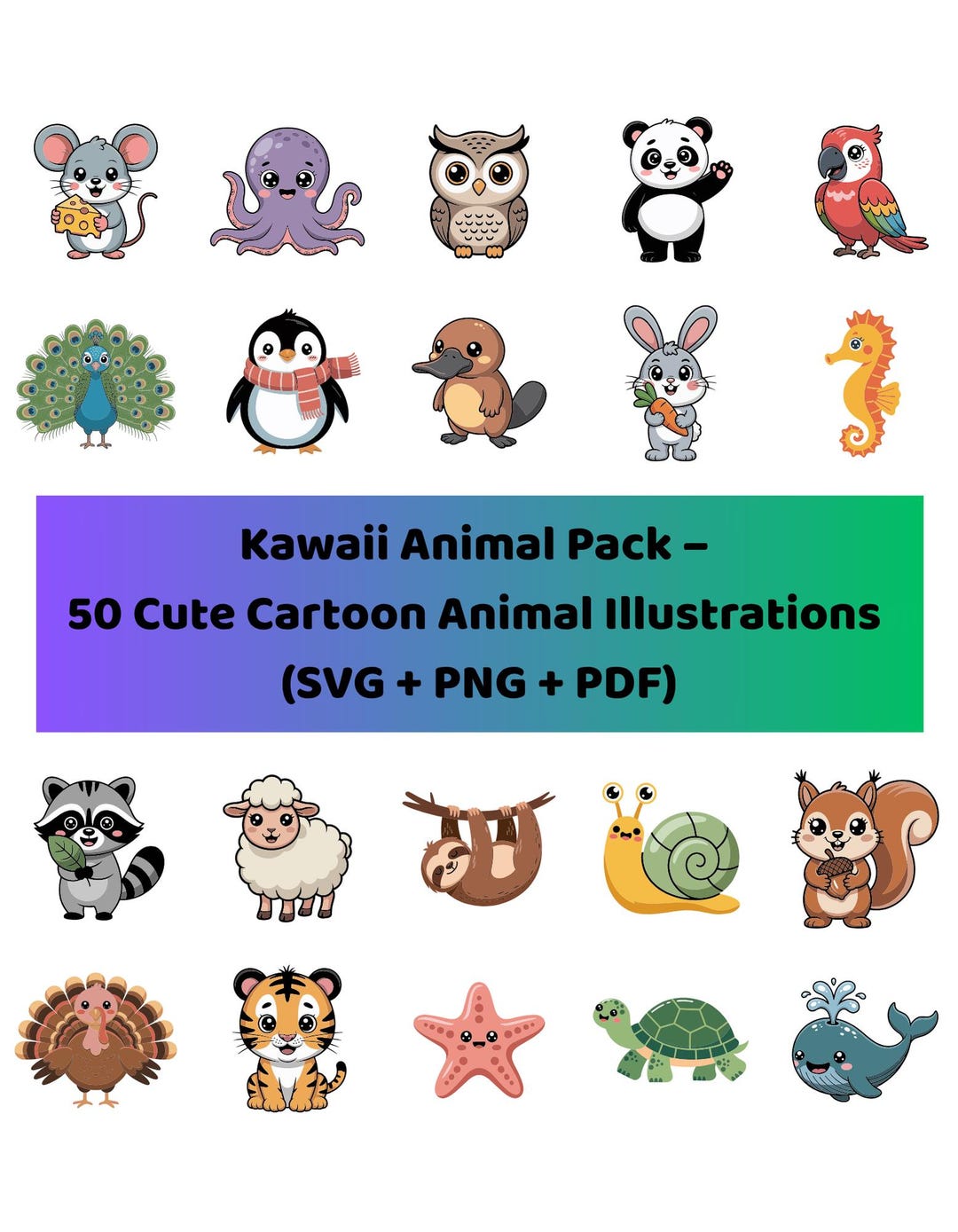 Cute Kawaii Animal Clipart Bundle – 50 PNG SVG PDF Illustrations - Etsy ...