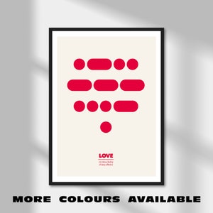 Peut inclure: Une affiche minimaliste avec un graphique rouge du mot "LOVE" en braille. Le texte ci-dessous indique "un sentiment intense d'affection profonde".