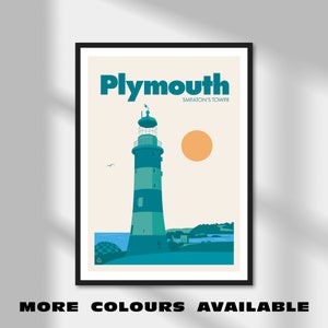 May include: A retro-style illustration of a lighthouse with a blue and green striped design. The lighthouse is called "Plymouth" and is located at Smeaton's Tower. The illustration is set against a light beige background with a yellow sun.