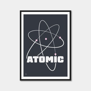 May include: A black and white illustration of an atom with the word "ATOMIC" in white text on a dark gray background.
