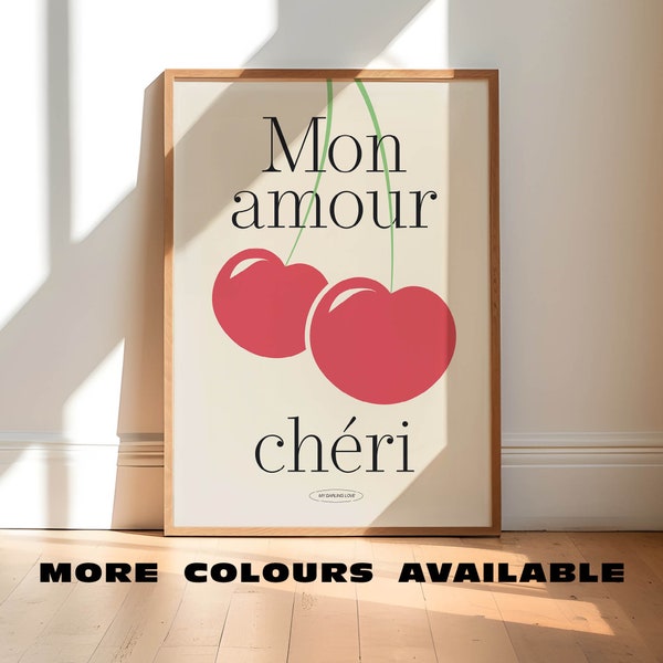 Mon Amore Cheri kunst aan de muur | Ingelijste inspirerende citaatposter | Uniek modern kunstwerk | Retro typografisch ontwerp