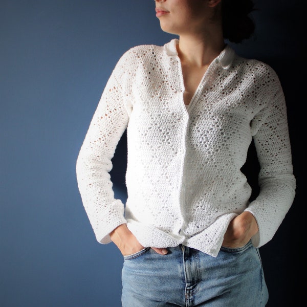 Crochet pattern lightweight cardigan with diamond stitch, cotton button-down fine yarn top with collar [PDF]