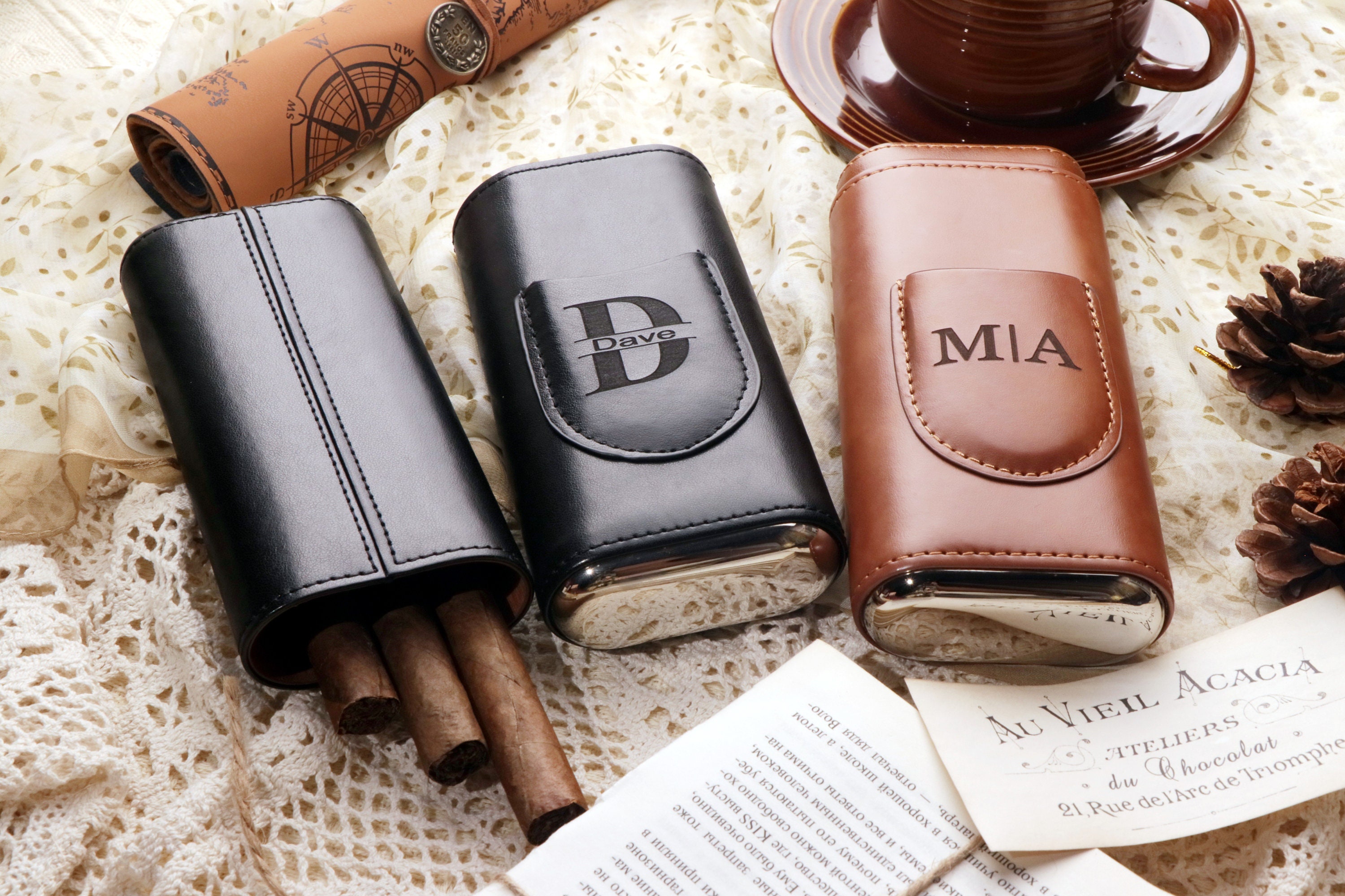 Cigars Case, Christmas Gifts for Him, Personalized Name, Cigar Accessories,  Leather Cigar Holder, Travel Humidor, Groomsmen Gifts 