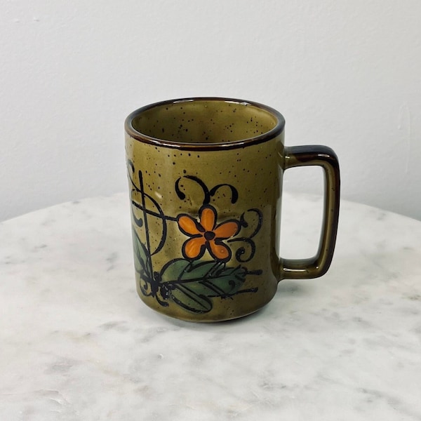 Vintage MCM Stoneware Mug with Flower Design; Brutalist Decor; Mid Century Modern; Coffee Cup; Tea Lover Gift; Retro Dishes; Thoughtful Gift