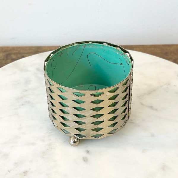 Vintage Teal Bakelite Metal Caged Container; NO LID; Retro Vanity Storage; Hollywood Regency Bathroom; Gift for Hosts; Art Deco Footed Bowl