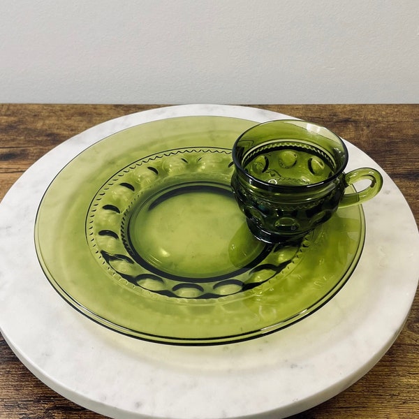 Vintage Indiana Glass Kings Crown Snack Plate with Matching Cup; SOLD INDIVIDUALLY; Avocado Green Thumbprint Dishes; Colorful Green Plates