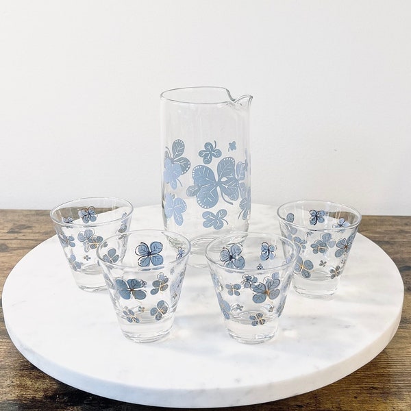 Vintage Federal Glass Periwinkle Blue Clover Cocktail Set; Mid Century Barware; Gift for Hostess; Elegant Cocktail Glassware; Chic Bar Cart
