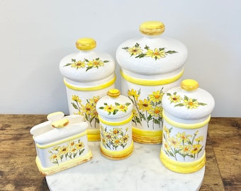 Vintage 1979 Sears Roebuck Yellow Daisies Ceramic Canisters; Set of 4 Canisters w/ Napkin Holder; Gift for Hostess; Retro Kitchenalia; MCM