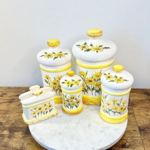 Vintage 1979 Sears Roebuck Yellow Daisies Ceramic Canisters; Set of 4 Canisters w/ Napkin Holder; Gift for Hostess; Retro Kitchenalia; MCM