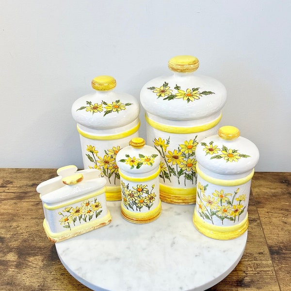 Vintage 1979 Sears Roebuck Yellow Daisies Ceramic Canisters; Set of 4 Canisters and Napkin Holder; Gift for Hosts; Retro Floral Kitchenalia