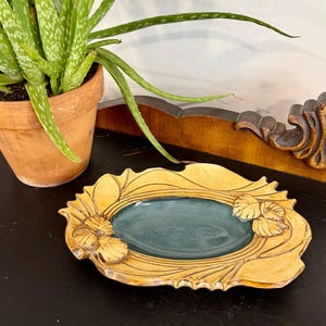 May include: A decorative, oval-shaped ceramic dish with a teal interior and a gold-colored, floral-patterned border. The dish sits on a black surface, with a potted aloe vera plant in the background.