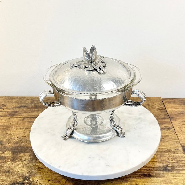 Vintage Rodney Kent Hammered Aluminum Chafing Dish with Lid; Retro Kitchenalia; Gift for Hostess; Elegant Partyware; Cottagecore Tablescapes