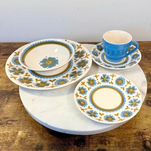 Vintage Royal Ironstone &quot;Flower Dance&quot;  Dishes; 8 Place Settings; Set of 43 Pieces TOTAL: Retro Kitchenalia; Gift for Housewarming; MCM Dish