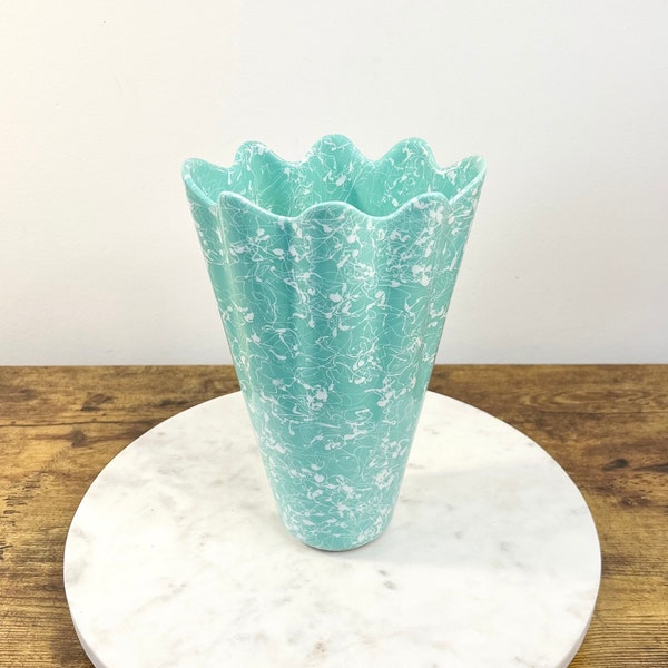 Vintage Shawnee Pottery MCM Aqua & White Ruffled Vase; Mid Century Pottery; Gift for Hostess; Elegant Colorful Entryway; Atomic Living Room