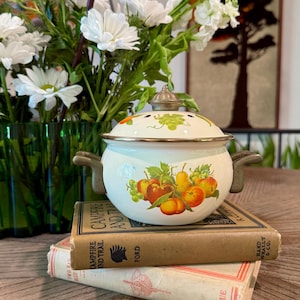 May include: A cream-colored enamel pot with a lid, featuring a colorful fruit illustration of apples, pears, and grapes. The pot has two side handles and a metal rim. It is resting on top of two stacked vintage hardcover books with visible text.