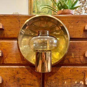 Vintage Colseth Norway Brass & Smoked Glass Hurricane 10" Wide Wall Candle Sconce; MCM Entryway Lighting; Host Gifts; Danish Modern Sconces