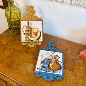 PAIR Vintage 70&#39;s Ceramic Tile Cast Iron Hanging Trivets; DAMAGE; Retro Kitchenalia; Gift for New Home; MCM Kitchen Decor; Grannycore Kitsch