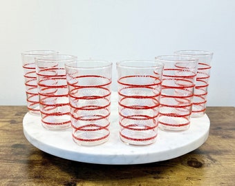 Vintage Mid Century Red and White Glass Tumblers; Set of 6 OR 4; Retro Kitchenalia; Gift for Hostess; Kitschy Glassware; Grannycore Barware