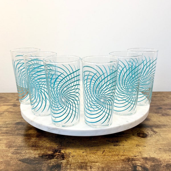 Vintage MCM Federal Glass Aqua Swirl Glass Tumblers; Set of 6; Retro Kitchenalia; Gift for Hostess; Mid Century Tableware; Grannycore Kitsch