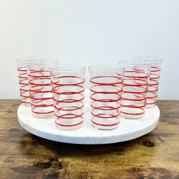 Vintage Mid Century Red and White Glass Tumblers; Set of 6 OR 4; Retro Kitchenalia; Gift for Hostess; Kitschy Glassware; Grannycore Barware