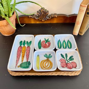 Vintage Schramberg (SMF) Ceramic 5 Dish Serving Set w/ Rattan Tray; CHIPS; West Germany Pottery; Gift for Hosts; Hand Painted Crudité Dishes