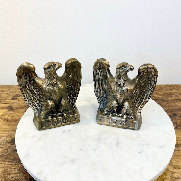 Vintage 1965 Colonial Virginia Heavy Bronze Eagle Bookends; Set of 2; Elegant Mancave Decor; Gift for Hostess; Traditional Americana Library