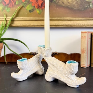 Pair of Vintage Dryden Pottery White Spatter Glaze Taper Candlestick Holders; Mid Century Ceramics; Gift for Hosts; Art Nouveau Centerpieces