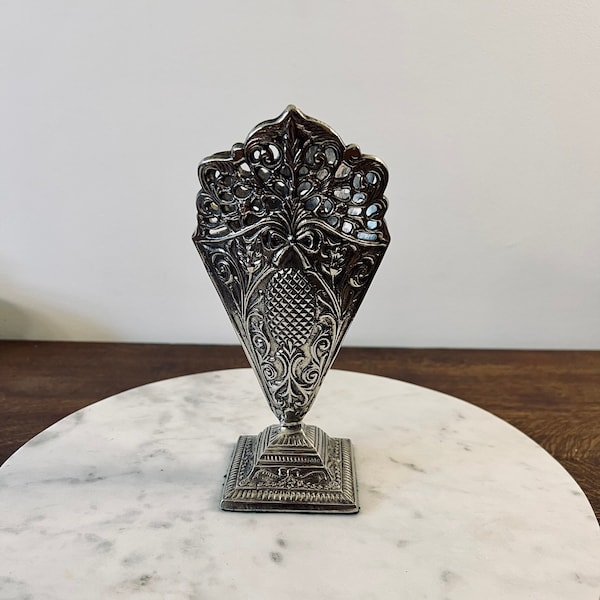 Vintage Ornate Silverplate Fan Shaped Vase for Elegant Entryway Decor; Gift for Hostess; Grannycore Elegance; Art Deco Mantle Decor; Unique